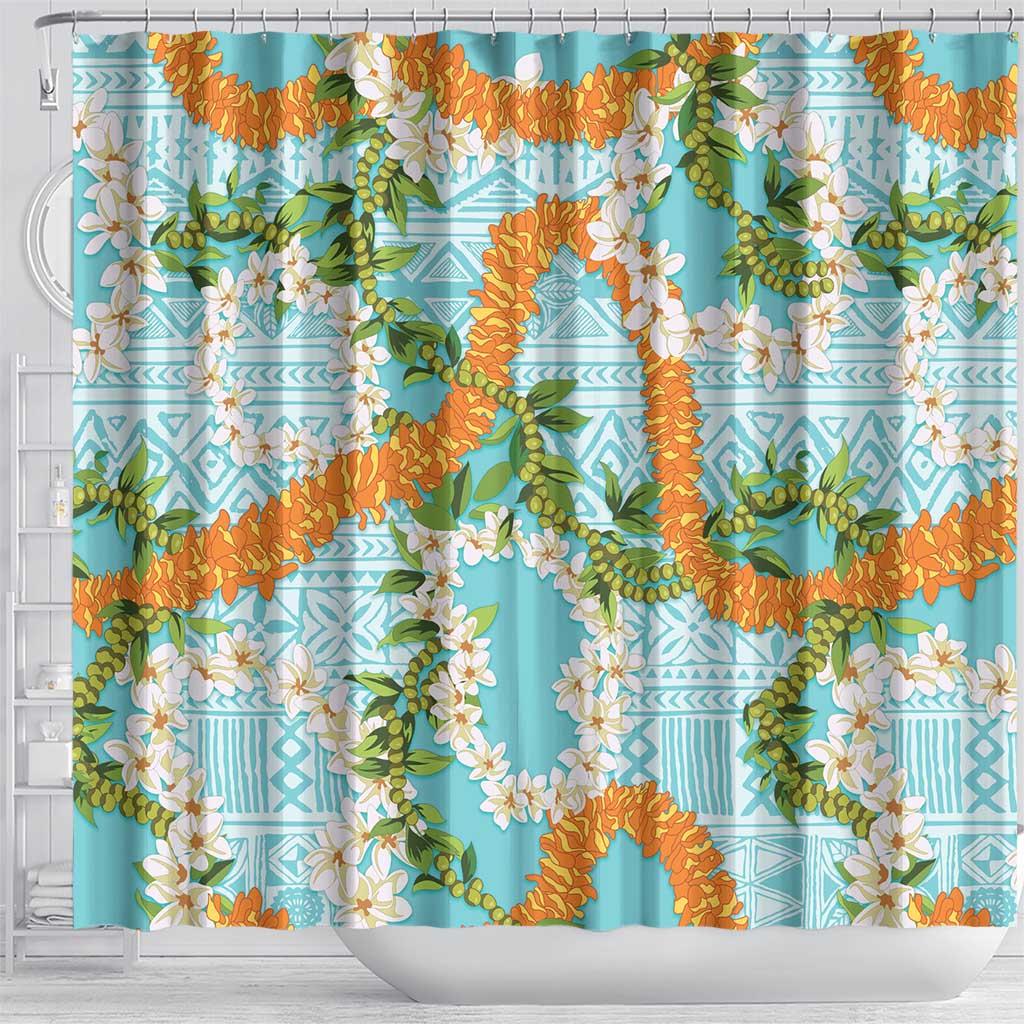 Aloha Festive Hawaii Shower Curtain Mokihana - Maile and Ilima on Turquoise - Polynesian Pride