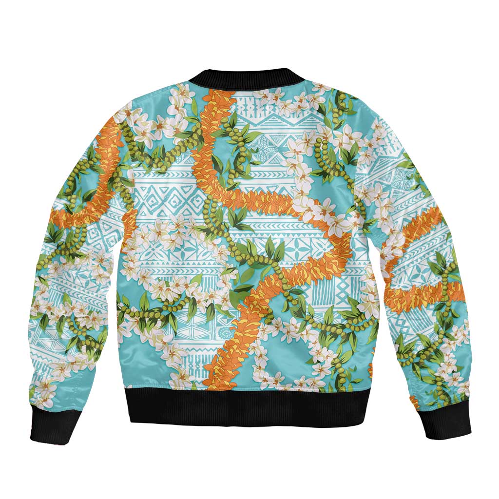 Aloha Festive Hawaii Sleeve Zip Bomber Jacket Mokihana - Maile and Ilima on Turquoise - Polynesian Pride