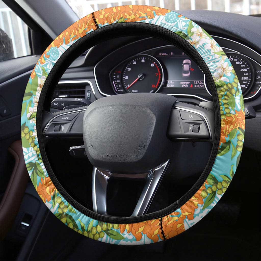 Aloha Festive Hawaii Steering Wheel Cover Mokihana - Maile and Ilima on Turquoise - Polynesian Pride