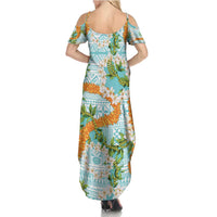 Aloha Festive Hawaii Summer Maxi Dress Mokihana - Maile and Ilima on Turquoise - Polynesian Pride