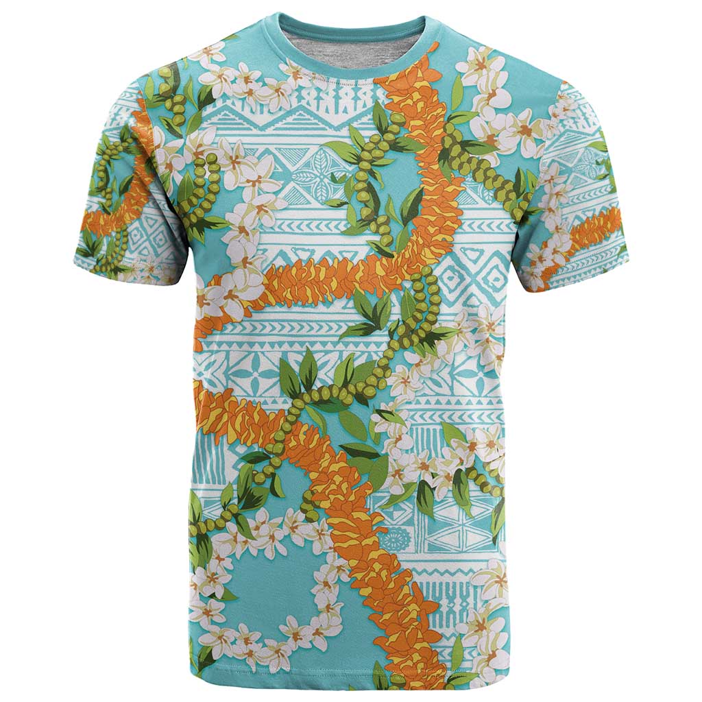 Aloha Festive Hawaii T Shirt Mokihana - Maile and Ilima on Turquoise - Polynesian Pride
