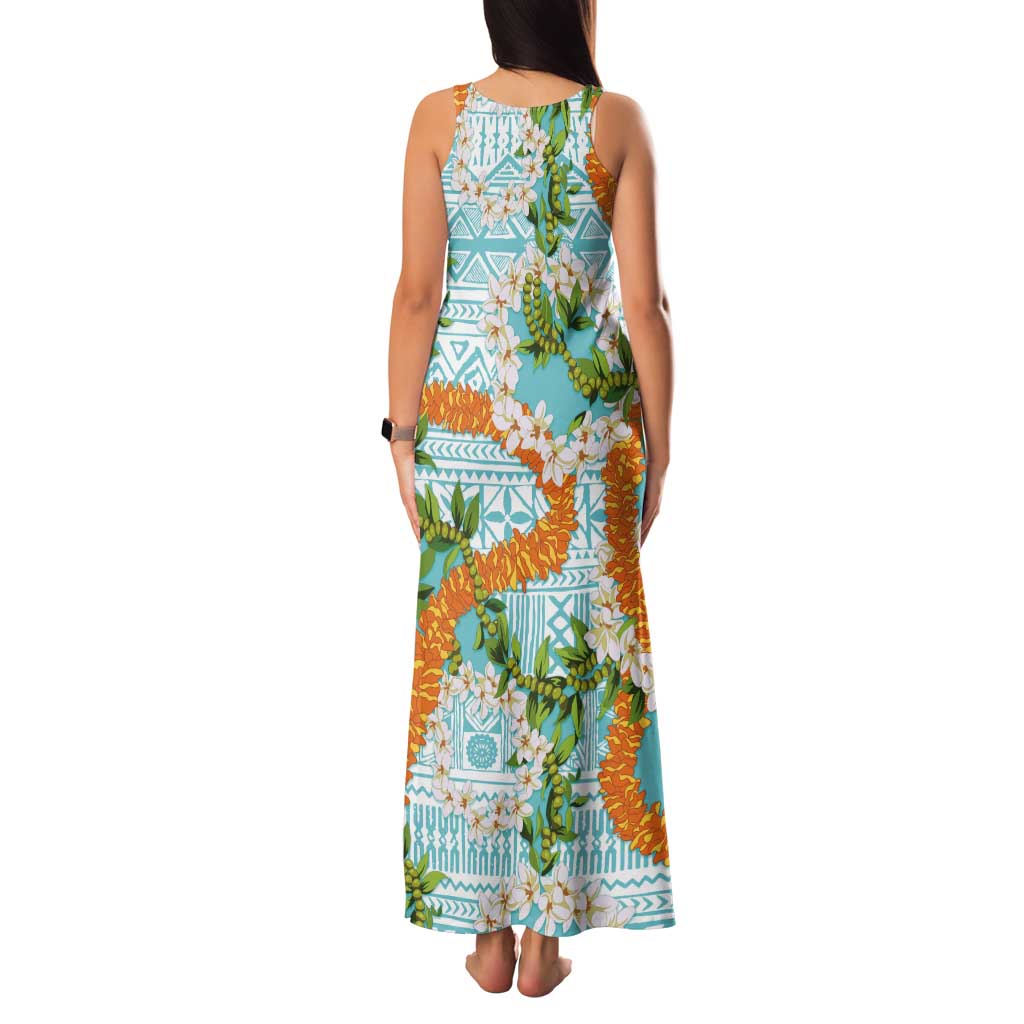 Aloha Festive Hawaii Tank Maxi Dress Mokihana - Maile and Ilima on Turquoise - Polynesian Pride