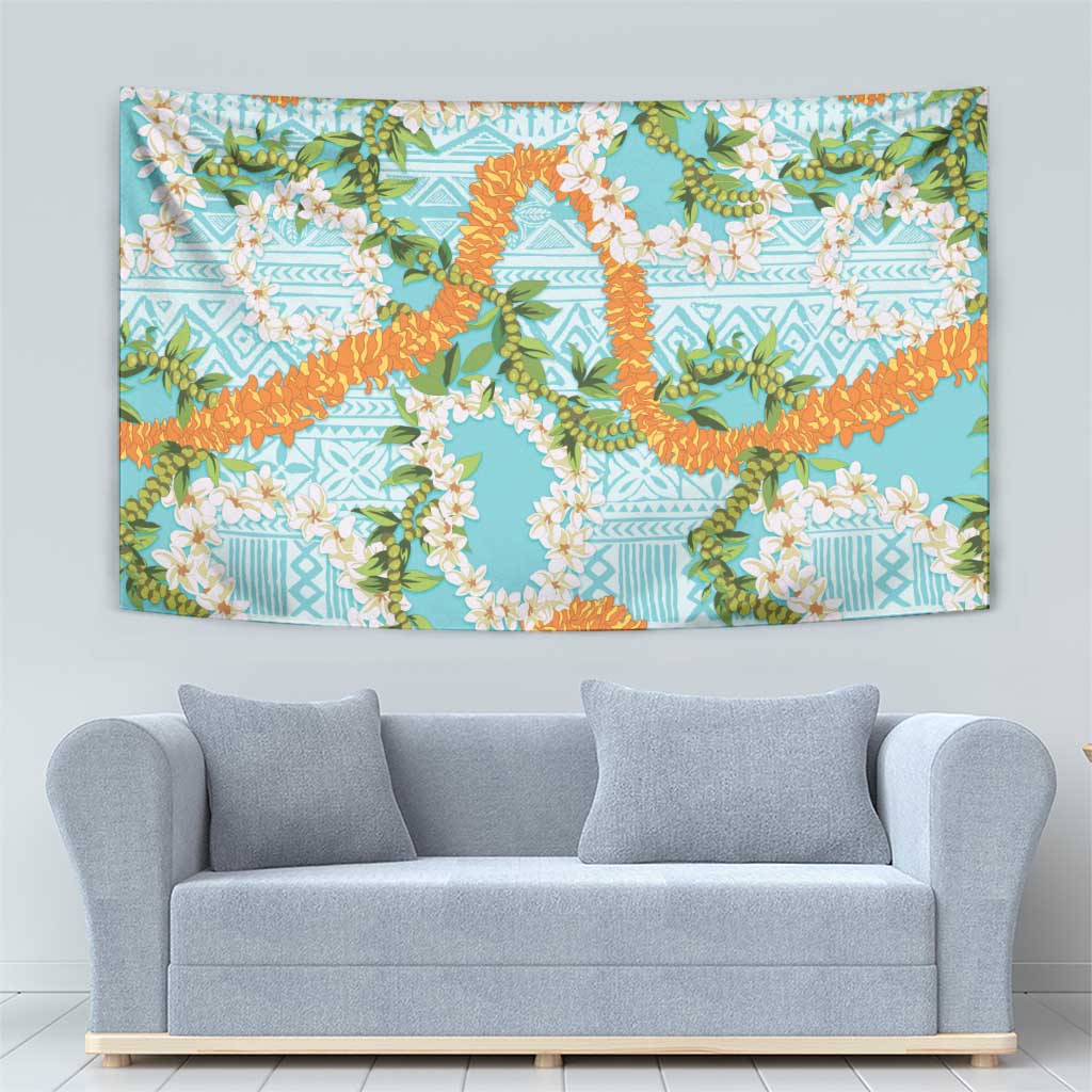 Aloha Festive Hawaii Tapestry Mokihana - Maile and Ilima on Turquoise - Polynesian Pride