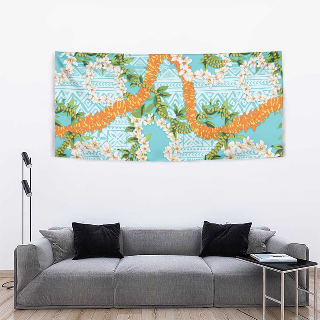 Aloha Festive Hawaii Tapestry Mokihana - Maile and Ilima on Turquoise - Polynesian Pride