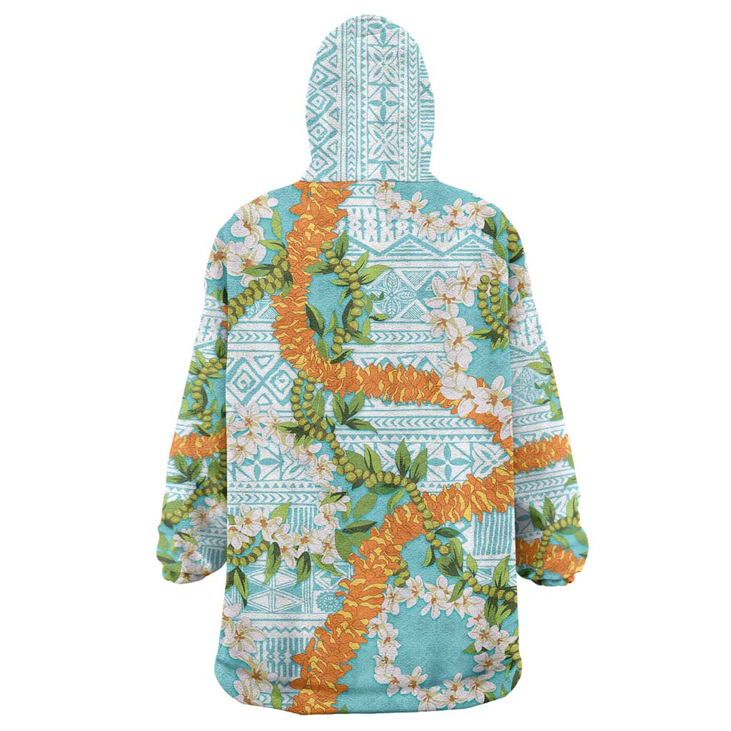 Aloha Festive Hawaii Wearable Blanket Hoodie Mokihana - Maile and Ilima on Turquoise - Polynesian Pride