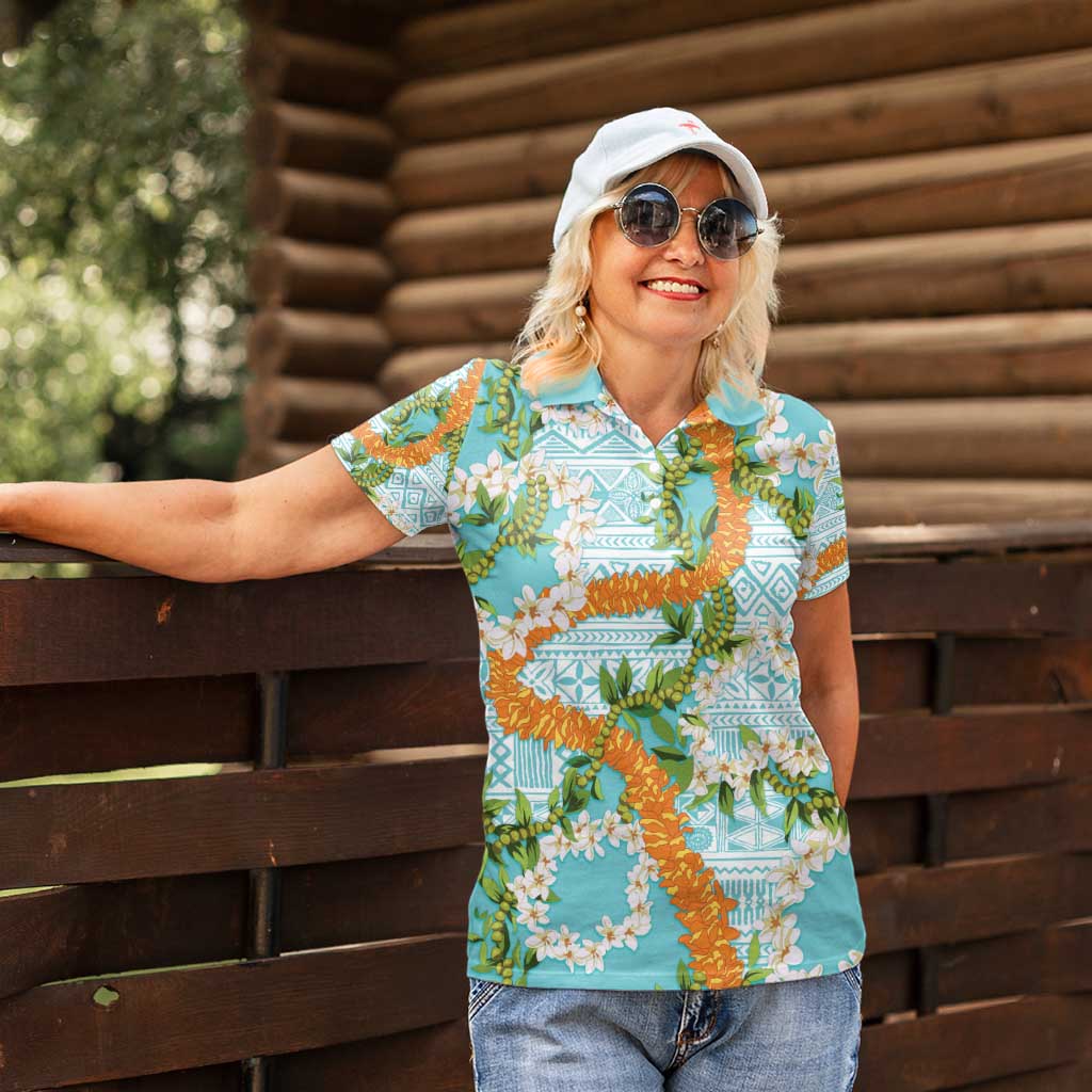 Aloha Festive Hawaii Women Polo Shirt Mokihana - Maile and Ilima on Turquoise - Polynesian Pride