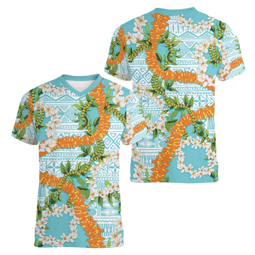 Aloha Festive Hawaii Women V-Neck T-Shirt Mokihana - Maile and Ilima on Turquoise - Polynesian Pride