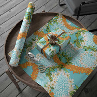 Aloha Festive Hawaii Wrapping Paper Mokihana - Maile and Ilima on Turquoise LT7 - Polynesian Pride