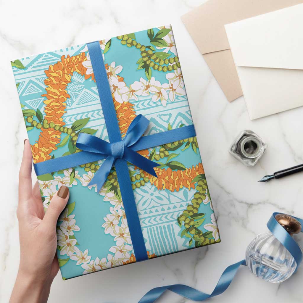 Aloha Festive Hawaii Wrapping Paper Mokihana - Maile and Ilima on Turquoise LT7 - Polynesian Pride