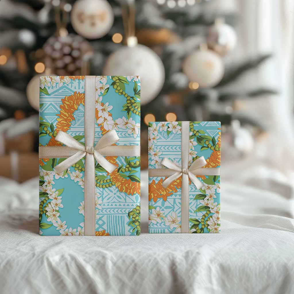 Aloha Festive Hawaii Wrapping Paper Mokihana - Maile and Ilima on Turquoise LT7 - Polynesian Pride