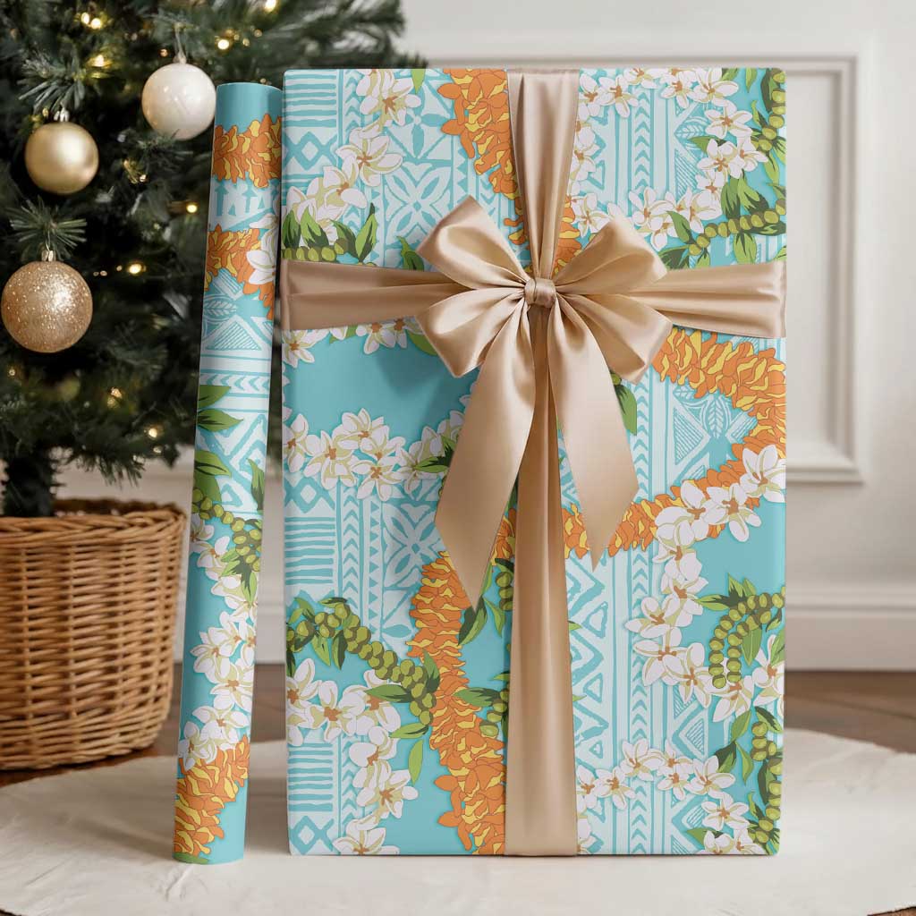 Aloha Festive Hawaii Wrapping Paper Mokihana - Maile and Ilima on Turquoise LT7 - Polynesian Pride