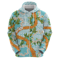 Aloha Festive Hawaii Zip Hoodie Mokihana - Maile and Ilima on Turquoise - Polynesian Pride