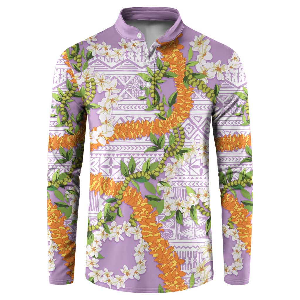 Aloha Festive Hawaii Button Sweatshirt Mokihana - Maile and Ilima on Lilac - Polynesian Pride