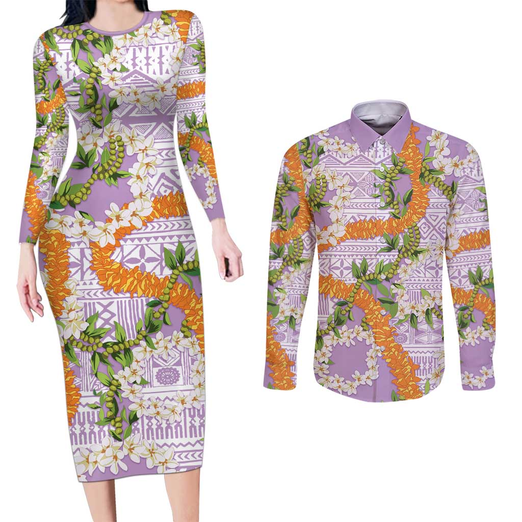 Aloha Festive Hawaii Couples Matching Long Sleeve Bodycon Dress and Long Sleeve Button Shirt Mokihana - Maile and Ilima on Lilac - Polynesian Pride
