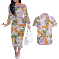 Aloha Festive Hawaii Couples Matching Off The Shoulder Long Sleeve Dress and Hawaiian Shirt Mokihana - Maile and Ilima on Lilac - Polynesian Pride