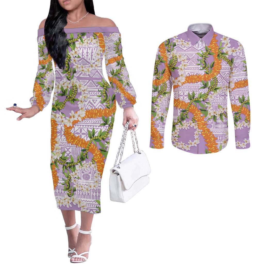 Aloha Festive Hawaii Couples Matching Off The Shoulder Long Sleeve Dress and Long Sleeve Button Shirt Mokihana - Maile and Ilima on Lilac - Polynesian Pride