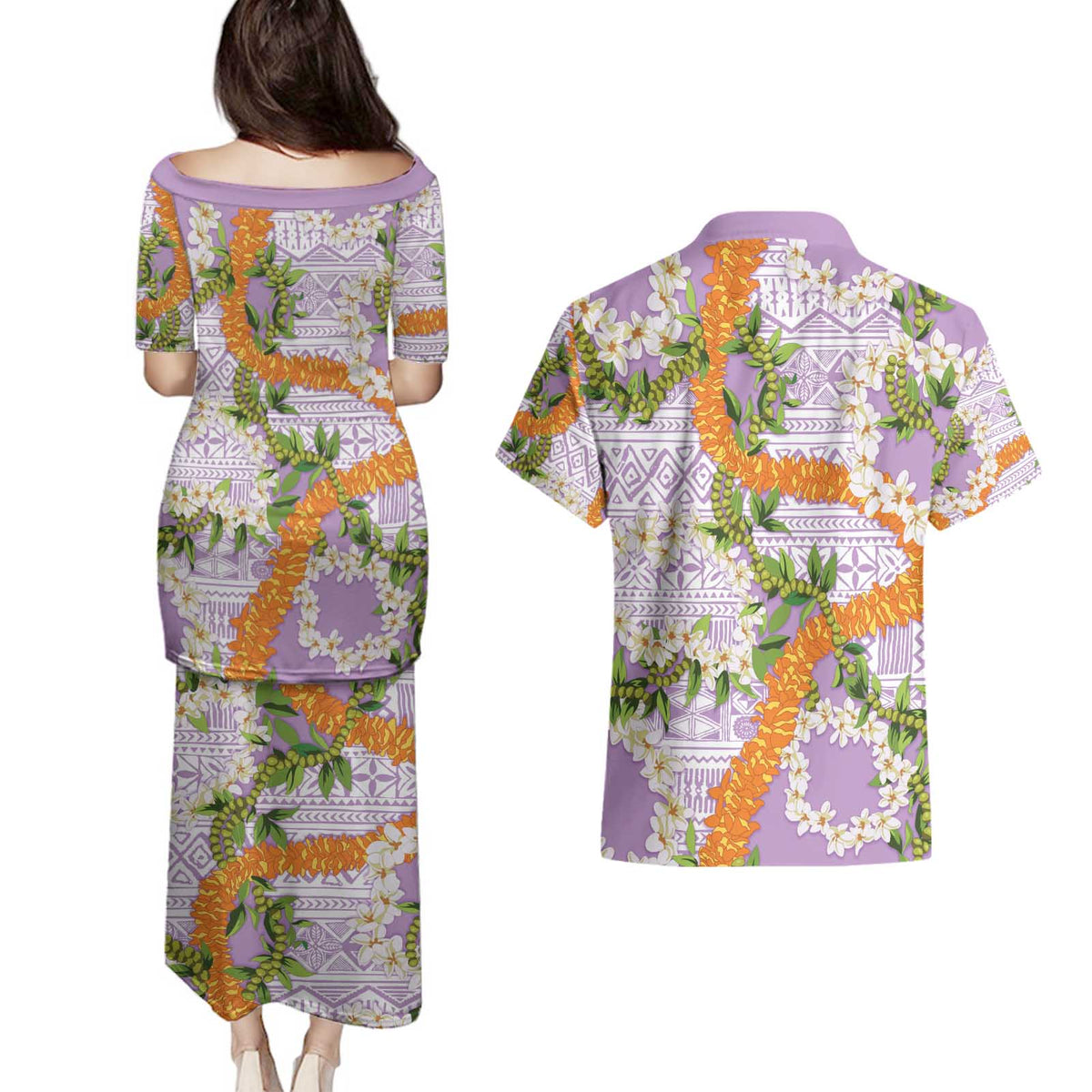 Aloha Festive Hawaii Couples Matching Puletasi and Hawaiian Shirt Mokihana - Maile and Ilima on Lilac - Polynesian Pride