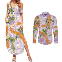 Aloha Festive Hawaii Couples Matching Summer Maxi Dress and Long Sleeve Button Shirt Mokihana - Maile and Ilima on Lilac LT7 Lilac - Polynesian Pride