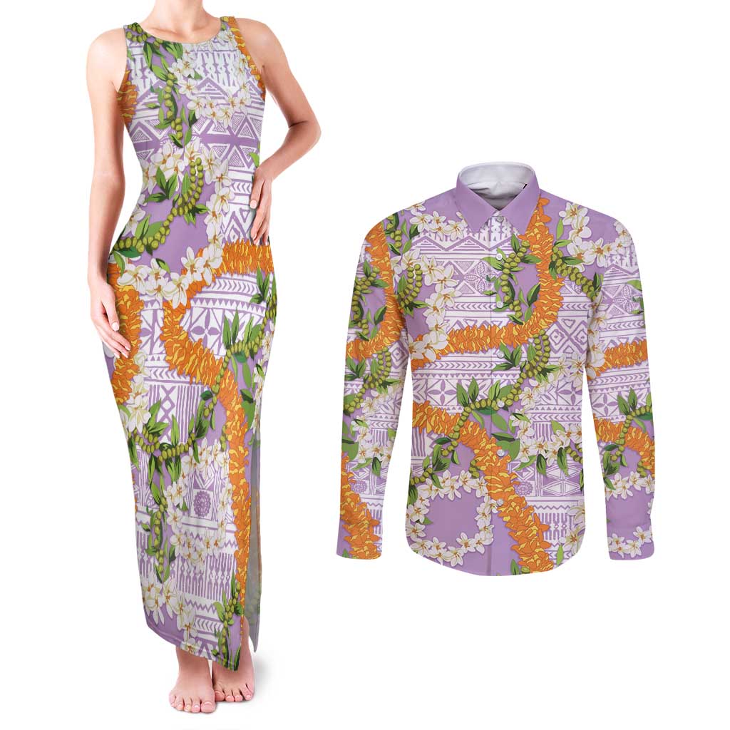Aloha Festive Hawaii Couples Matching Tank Maxi Dress and Long Sleeve Button Shirt Mokihana - Maile and Ilima on Lilac - Polynesian Pride