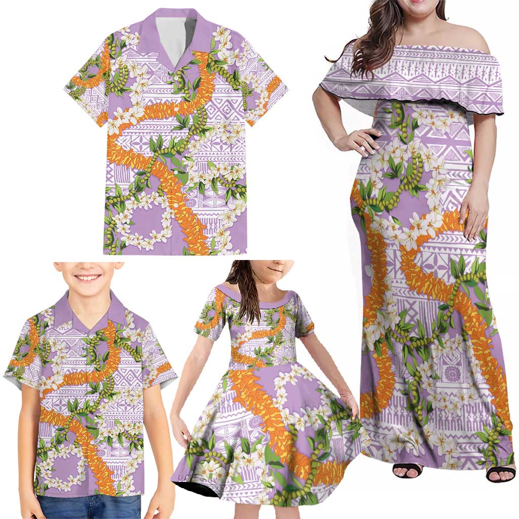 Aloha Festive Hawaii Family Matching Off Shoulder Maxi Dress and Hawaiian Shirt Mokihana - Maile and Ilima on Lilac - Polynesian Pride