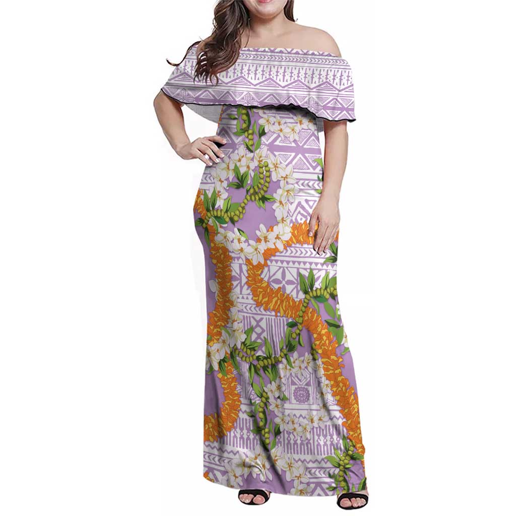 Aloha Festive Hawaii Family Matching Off Shoulder Maxi Dress and Hawaiian Shirt Mokihana - Maile and Ilima on Lilac - Polynesian Pride