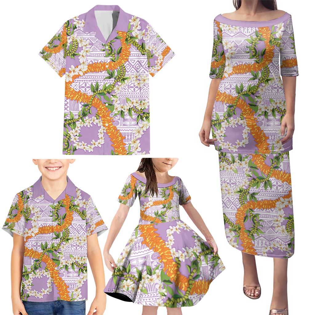 Aloha Festive Hawaii Family Matching Puletasi and Hawaiian Shirt Mokihana - Maile and Ilima on Lilac - Polynesian Pride