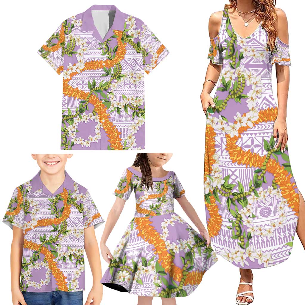 Aloha Festive Hawaii Family Matching Summer Maxi Dress and Hawaiian Shirt Mokihana - Maile and Ilima on Lilac - Polynesian Pride