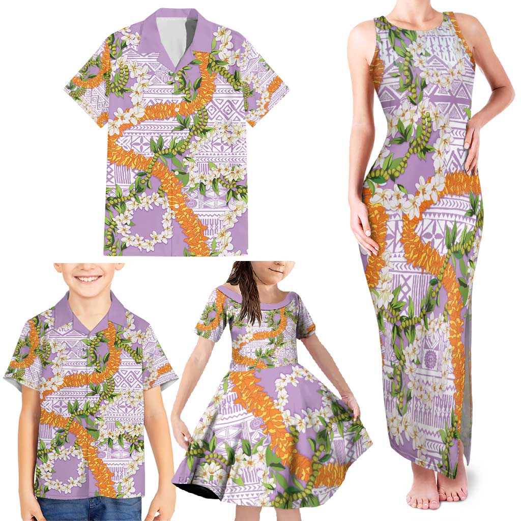 Aloha Festive Hawaii Family Matching Tank Maxi Dress and Hawaiian Shirt Mokihana - Maile and Ilima on Lilac - Polynesian Pride