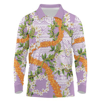 Aloha Festive Hawaii Long Sleeve Polo Shirt Mokihana - Maile and Ilima on Lilac - Polynesian Pride
