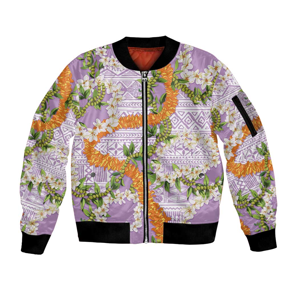 Aloha Festive Hawaii Sleeve Zip Bomber Jacket Mokihana - Maile and Ilima on Lilac - Polynesian Pride