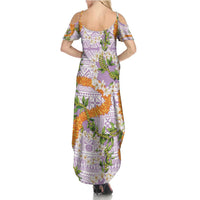 Aloha Festive Hawaii Summer Maxi Dress Mokihana - Maile and Ilima on Lilac - Polynesian Pride