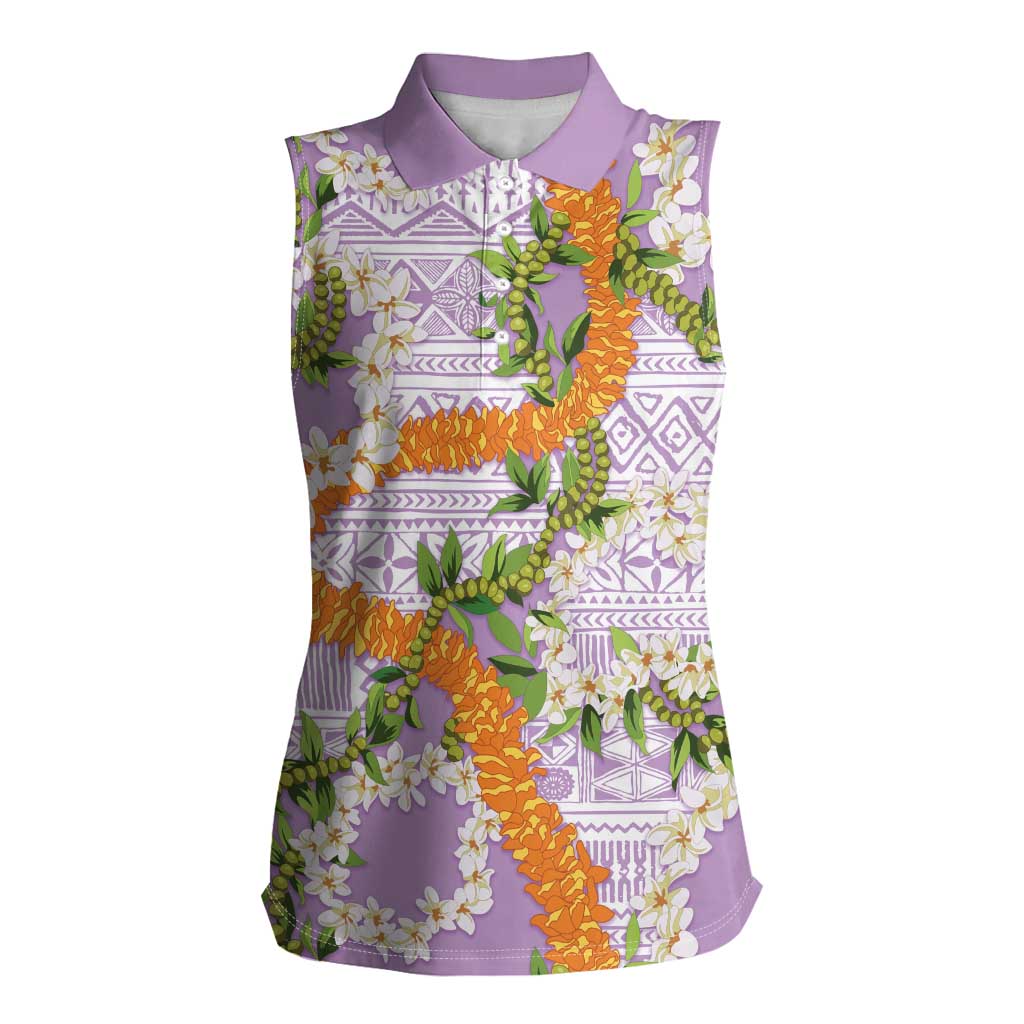 Aloha Festive Hawaii Women Sleeveless Polo Shirt Mokihana - Maile and Ilima on Lilac - Polynesian Pride