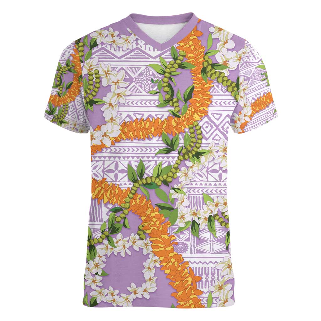 Aloha Festive Hawaii Women V-Neck T-Shirt Mokihana - Maile and Ilima on Lilac - Polynesian Pride