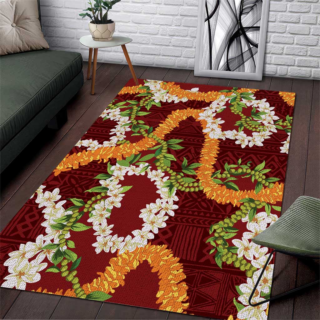Aloha Festive Hawaii Area Rug Mokihana - Maile and Ilima on Crimson - Polynesian Pride