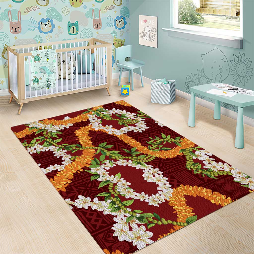 Aloha Festive Hawaii Area Rug Mokihana - Maile and Ilima on Crimson - Polynesian Pride