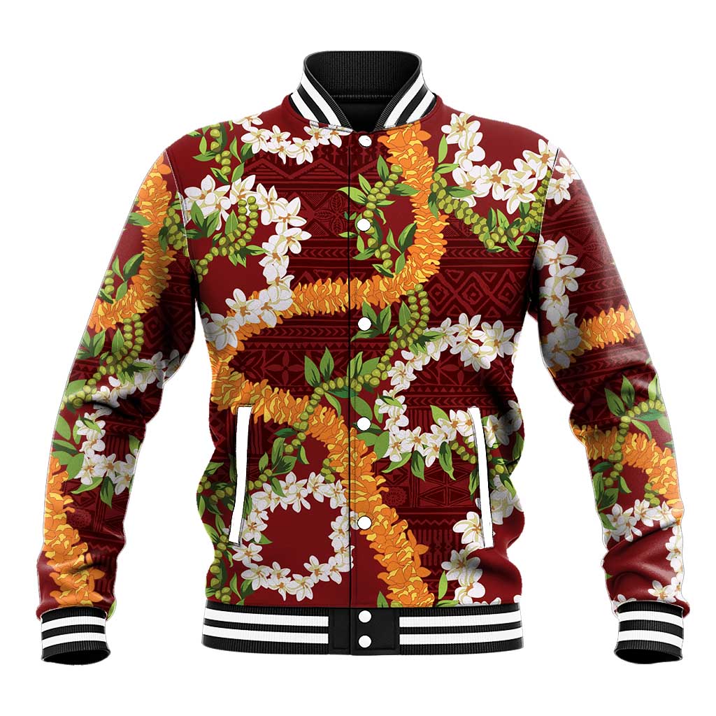 Aloha Festive Hawaii Baseball Jacket Mokihana - Maile and Ilima on Crimson - Polynesian Pride