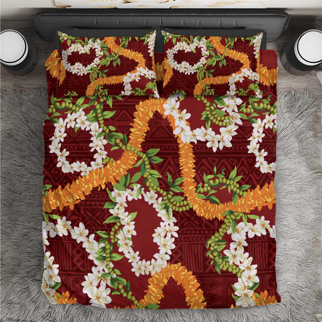 Aloha Festive Hawaii Bedding Set Mokihana - Maile and Ilima on Crimson - Polynesian Pride