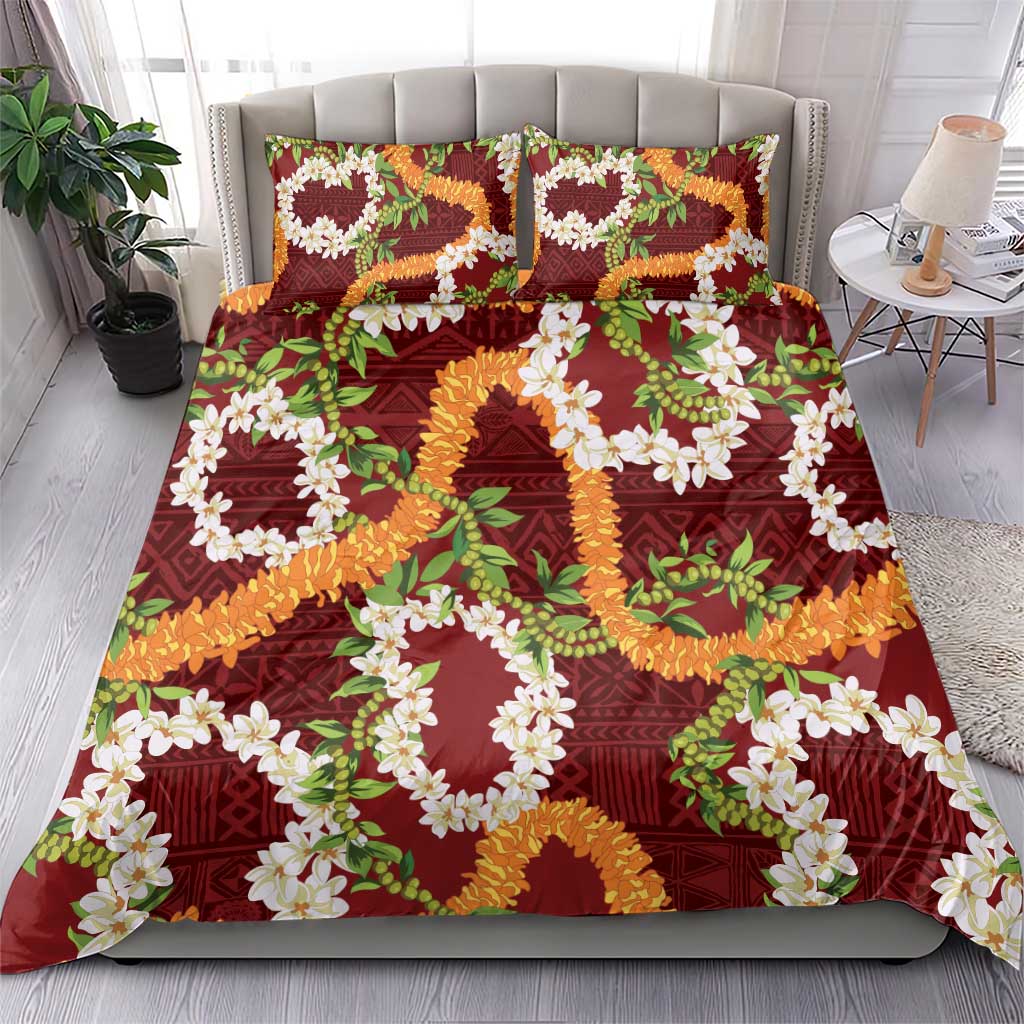 Aloha Festive Hawaii Bedding Set Mokihana - Maile and Ilima on Crimson - Polynesian Pride