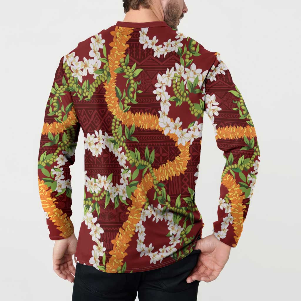Aloha Festive Hawaii Button Sweatshirt Mokihana - Maile and Ilima on Crimson - Polynesian Pride