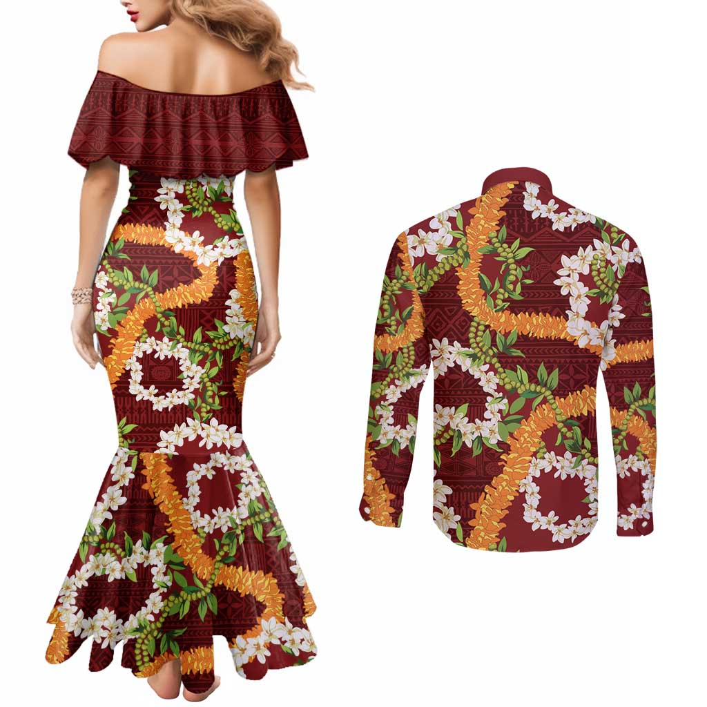 Aloha Festive Hawaii Couples Matching Mermaid Dress and Long Sleeve Button Shirt Mokihana - Maile and Ilima on Crimson - Polynesian Pride