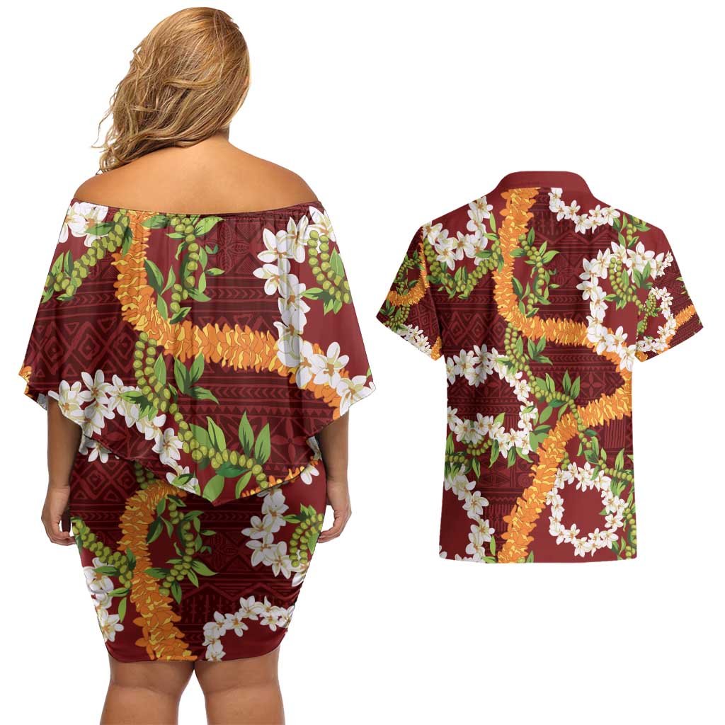Aloha Festive Hawaii Couples Matching Off Shoulder Short Dress and Hawaiian Shirt Mokihana - Maile and Ilima on Crimson - Polynesian Pride