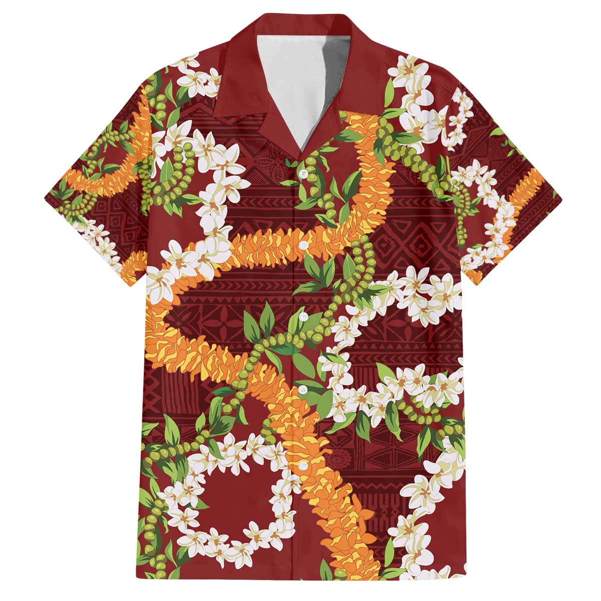Aloha Festive Hawaii Family Matching Off The Shoulder Long Sleeve Dress and Hawaiian Shirt Mokihana - Maile and Ilima on Crimson - Polynesian Pride