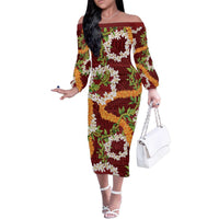 Aloha Festive Hawaii Family Matching Off The Shoulder Long Sleeve Dress and Hawaiian Shirt Mokihana - Maile and Ilima on Crimson - Polynesian Pride