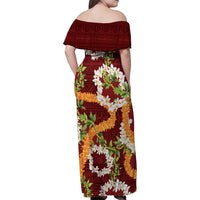 Aloha Festive Hawaii Family Matching Off Shoulder Maxi Dress and Hawaiian Shirt Mokihana - Maile and Ilima on Crimson - Polynesian Pride