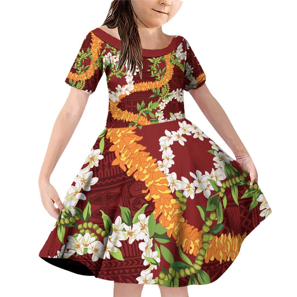 Aloha Festive Hawaii Family Matching Off Shoulder Short Dress and Hawaiian Shirt Mokihana - Maile and Ilima on Crimson - Polynesian Pride