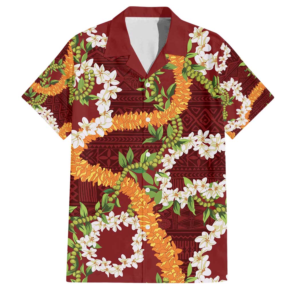 Aloha Festive Hawaii Family Matching Off Shoulder Short Dress and Hawaiian Shirt Mokihana - Maile and Ilima on Crimson - Polynesian Pride