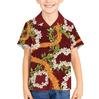 Aloha Festive Hawaii Family Matching Off Shoulder Short Dress and Hawaiian Shirt Mokihana - Maile and Ilima on Crimson - Polynesian Pride