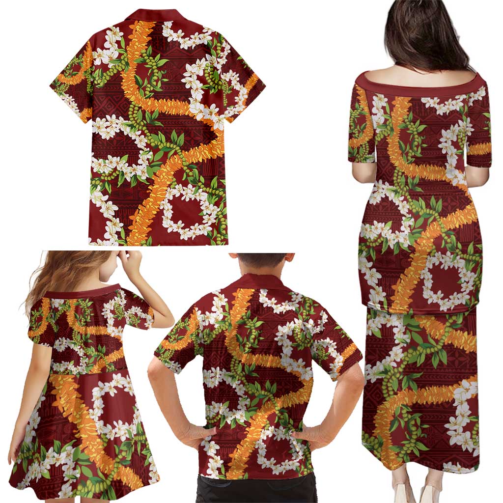 Aloha Festive Hawaii Family Matching Puletasi and Hawaiian Shirt Mokihana - Maile and Ilima on Crimson - Polynesian Pride