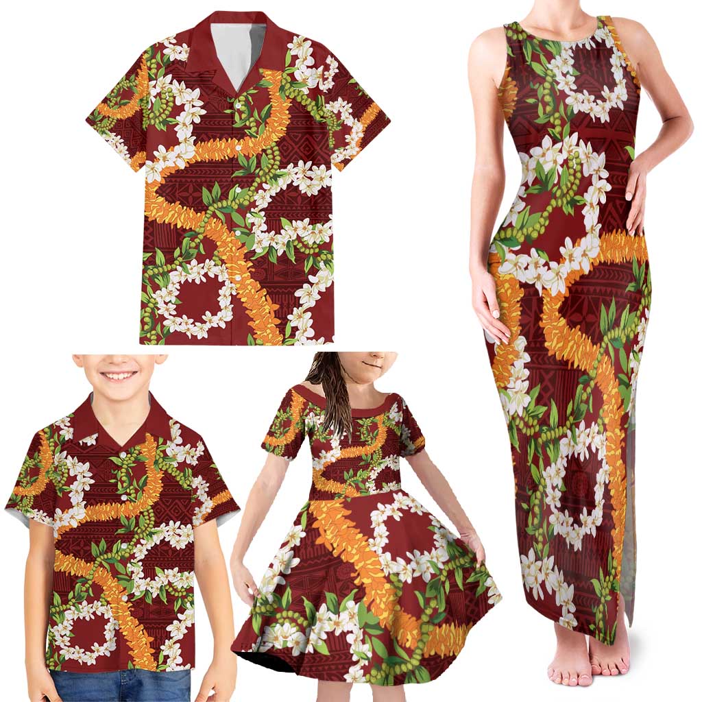 Aloha Festive Hawaii Family Matching Tank Maxi Dress and Hawaiian Shirt Mokihana - Maile and Ilima on Crimson - Polynesian Pride