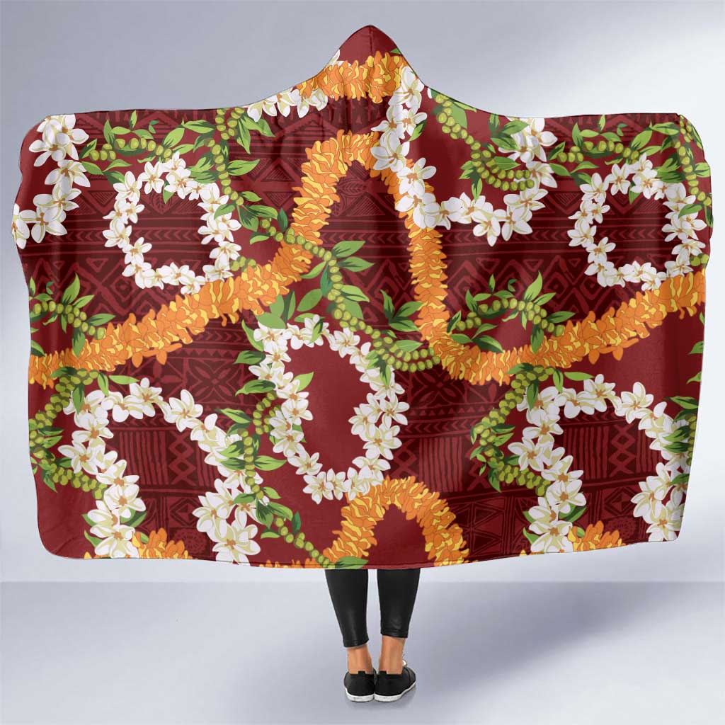 Aloha Festive Hawaii Hooded Blanket Mokihana - Maile and Ilima on Crimson - Polynesian Pride